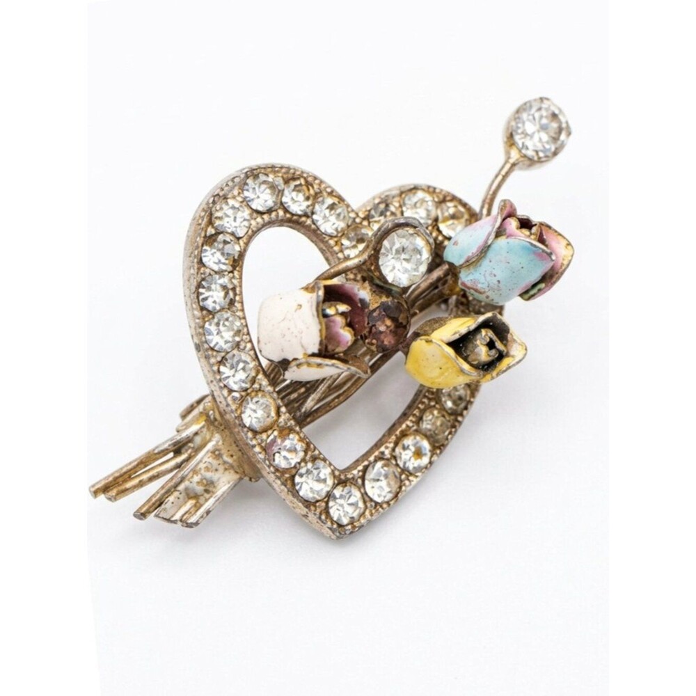 Vintage Mid-Century Rhinestone Enamel Rose Bouquet Heart Brooch Pin Grannycore